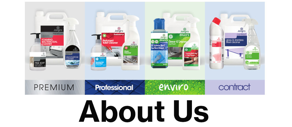 pictures of our different product ranges - premium, professional, enviro and contract with examples of spray bottles and 5 litre bottles, with black text underneath the product pictures saying about us