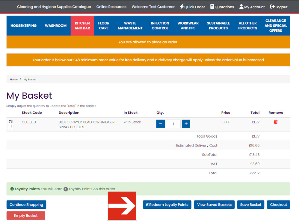 screen shot of the website shopping basket with an arrow pointing to the redeem loyalty points button