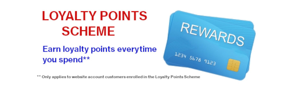 red text on a white background saying Loyalty Points Scheme with a picture of a reward card