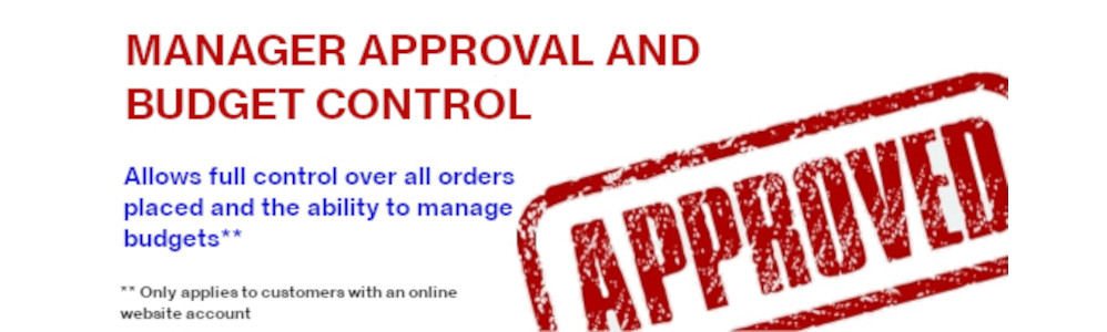 red text on a white background saying Manager Approval and Budget Control with an image of a red approved ink stamp on the white background