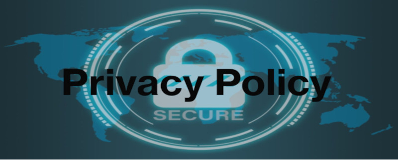 dark green background with a world map and padlock with the word secure underneath it, black text over the middle of the image saying privacy policy