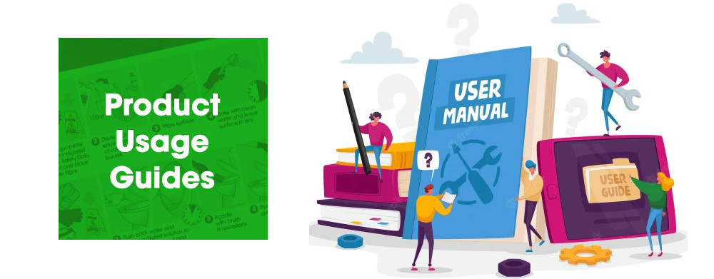 Product User Guide Text with a cartoon image of people with giant user manuals and guide books