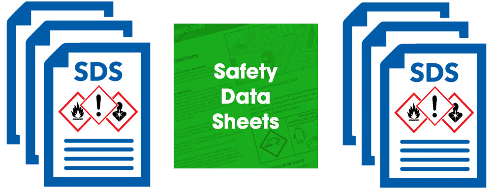 White Text in a green box saying Safety Data Sheets with images of paperwork with industrial warning signs on