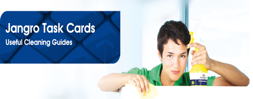 Task Card Text Banner with a picture of a woman with a cloth and spray bottle of cleaning products