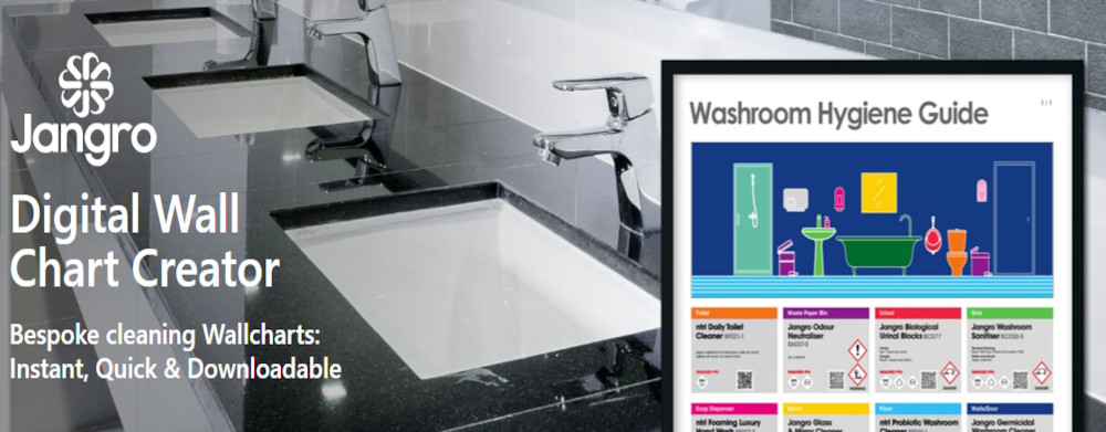 Picture of a sink with the Jangro logo and an example of a wall chart