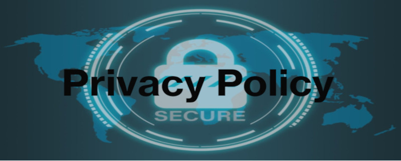 dark green background with a world map and padlock with the word secure underneath it, black text over the middle of the image saying privacy policy