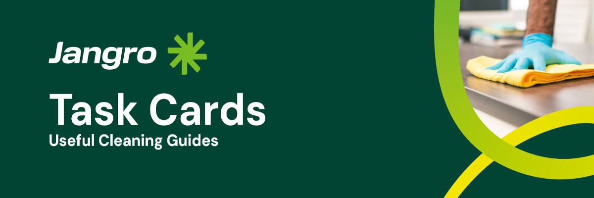 Task Card Text Banner with a picture of a woman with a cloth and spray bottle of cleaning products